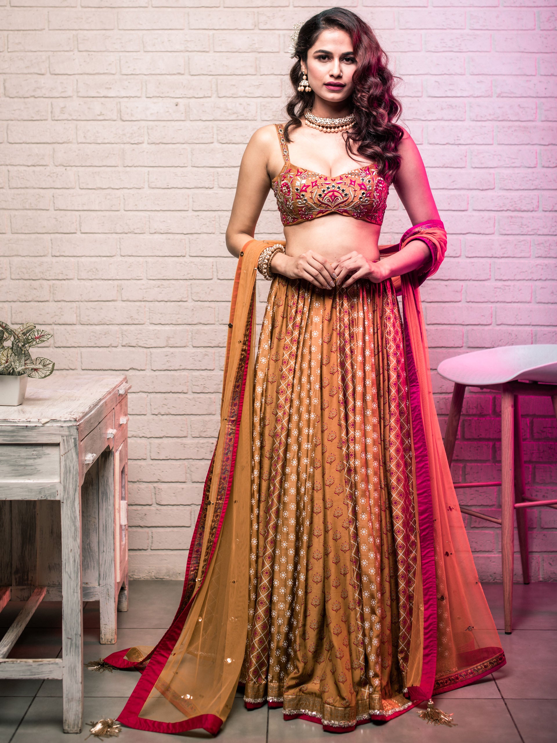 Mustard Motif Print Lehenga Set image 0