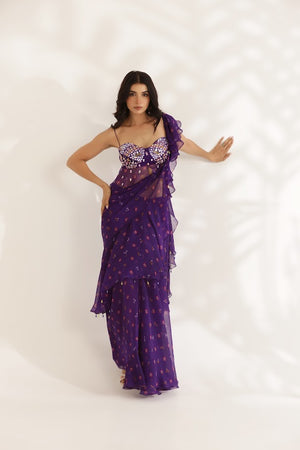 Purple Bandhani Pre-Drape Saree Set image 6