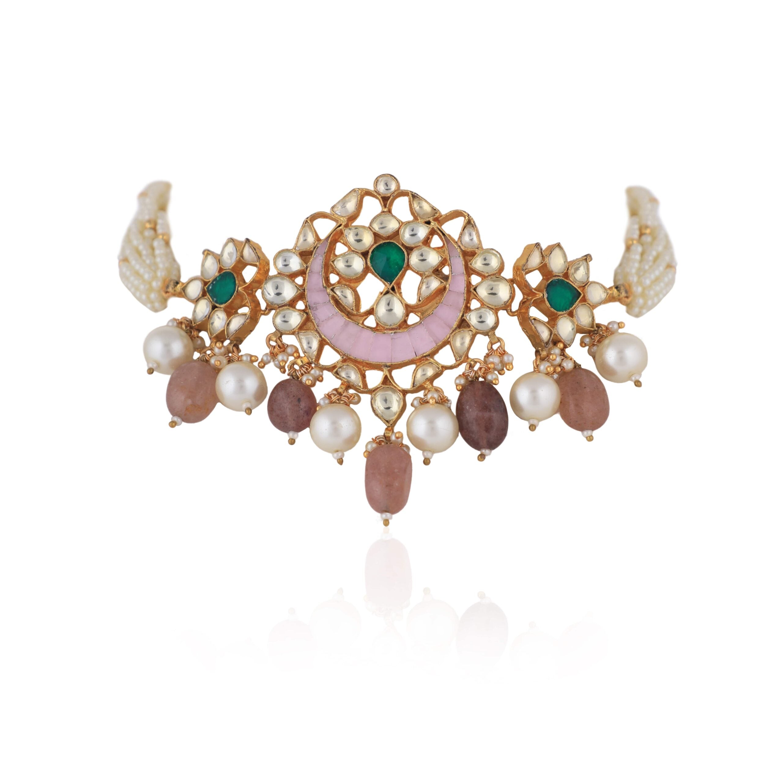 White Beaded Choker Set with Light Pink Stone image 2