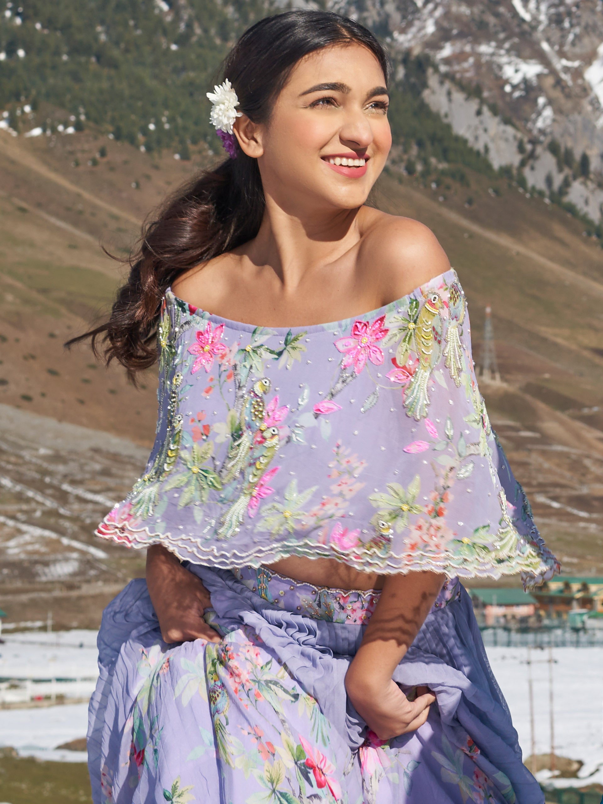 Lavender Floral Cape Lehenga Set image 4
