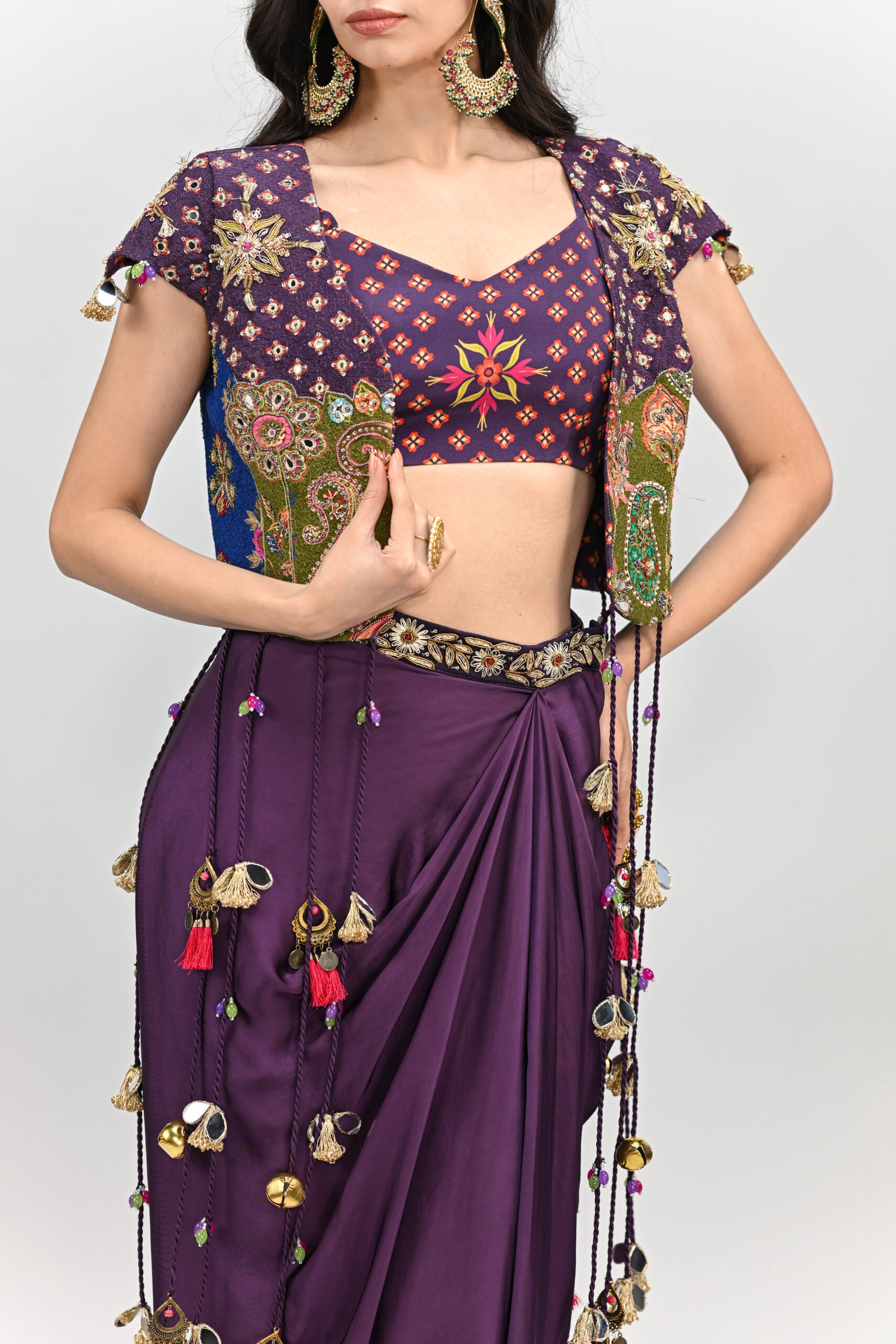 Plum Patch Highlighted Tassel Jacket Dhoti Skirt Set image 3