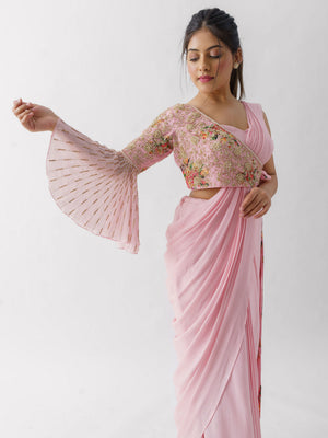 Blush Pink Pre Drape Saree Set image 1
