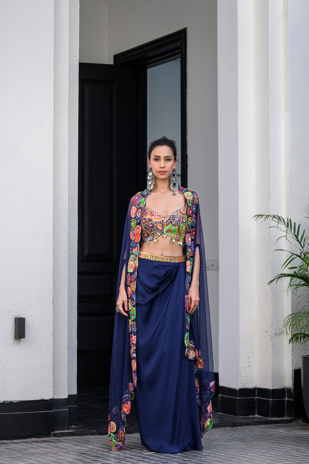 Iris Highlighted Bralette Paidawn Dhoti Skirt Set And Highlighted Applique Cape image 0