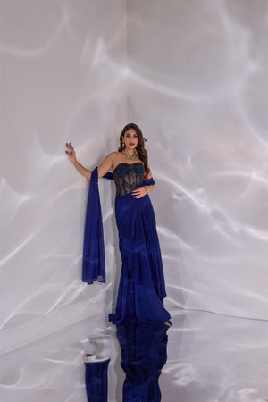 Navy Blue Dori Corset  Drape Saree Set image 0