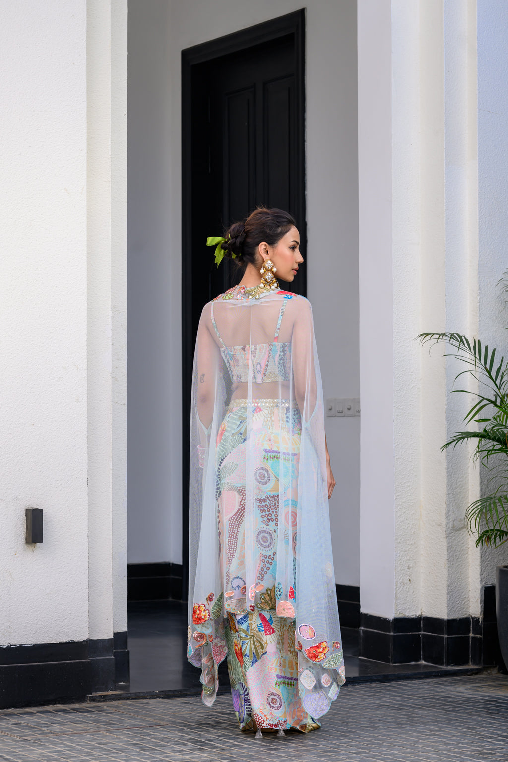 Gardenia Dhoti Skirt Set Paidawn With Highlighted Bralette With Highlighted Applique Cape image 2