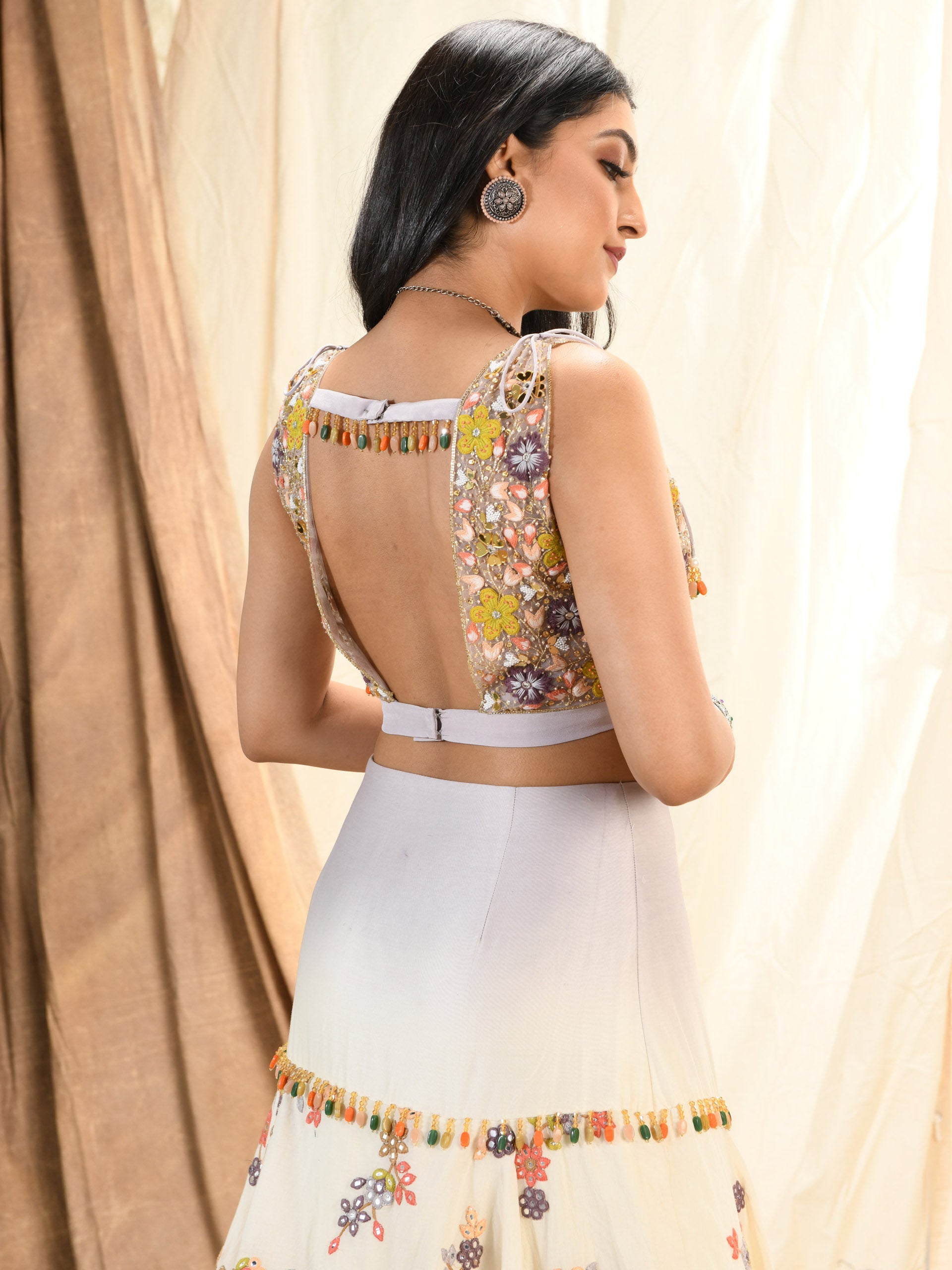Lavender Grey Floral Mirror Lehenga Set image 1