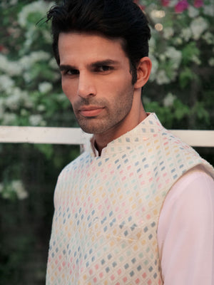 Baby Pink Kurta Set With Multi Sequins Bundi image 1