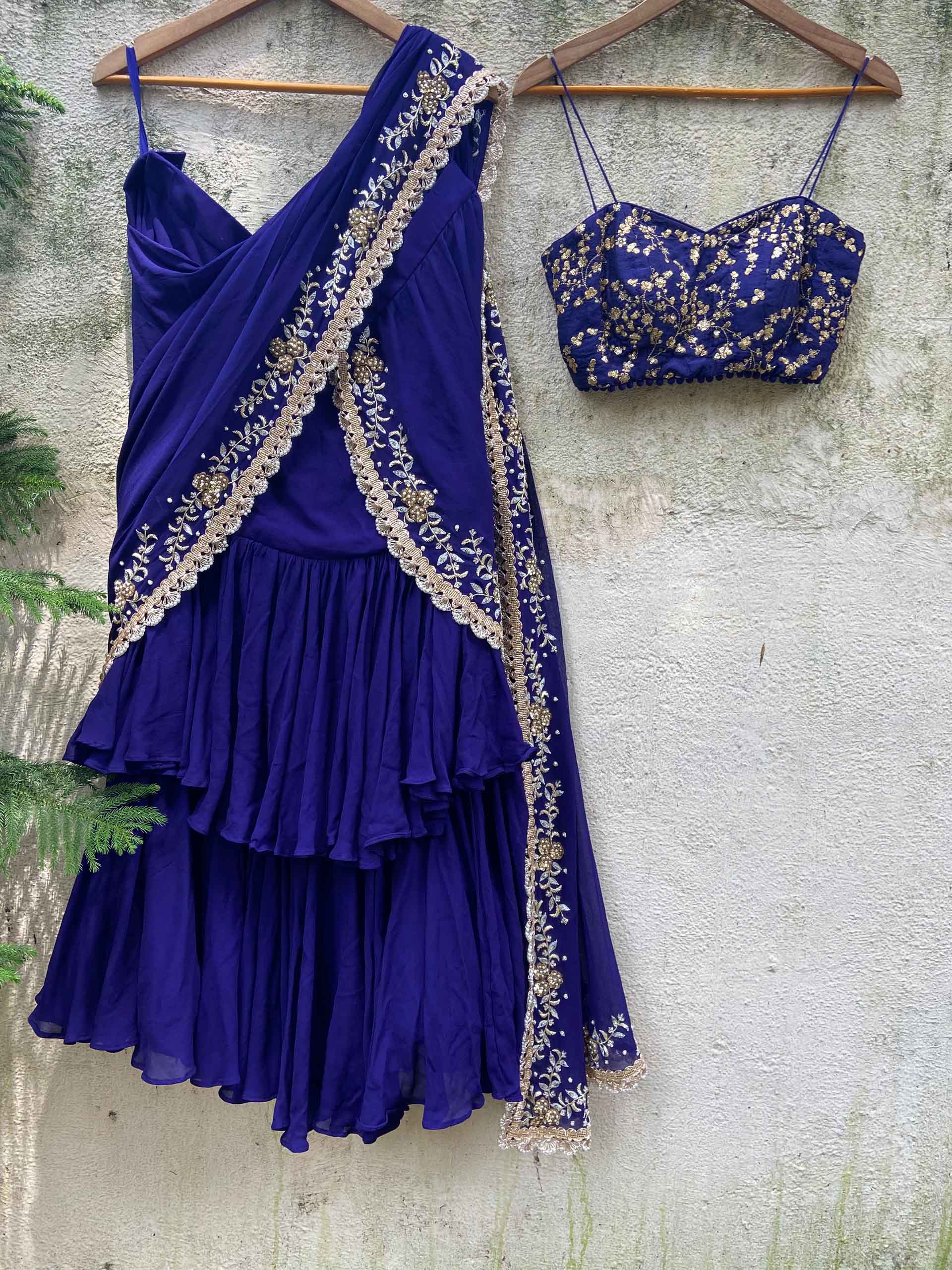 Indigo Blue Ruffled Embroidered Pre-stitched Saree Set image 2