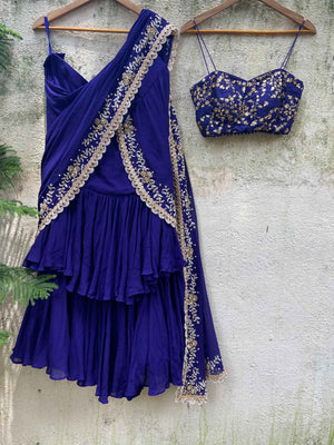 Indigo Blue Ruffled Embroidered Pre-stitched Saree Set image 2