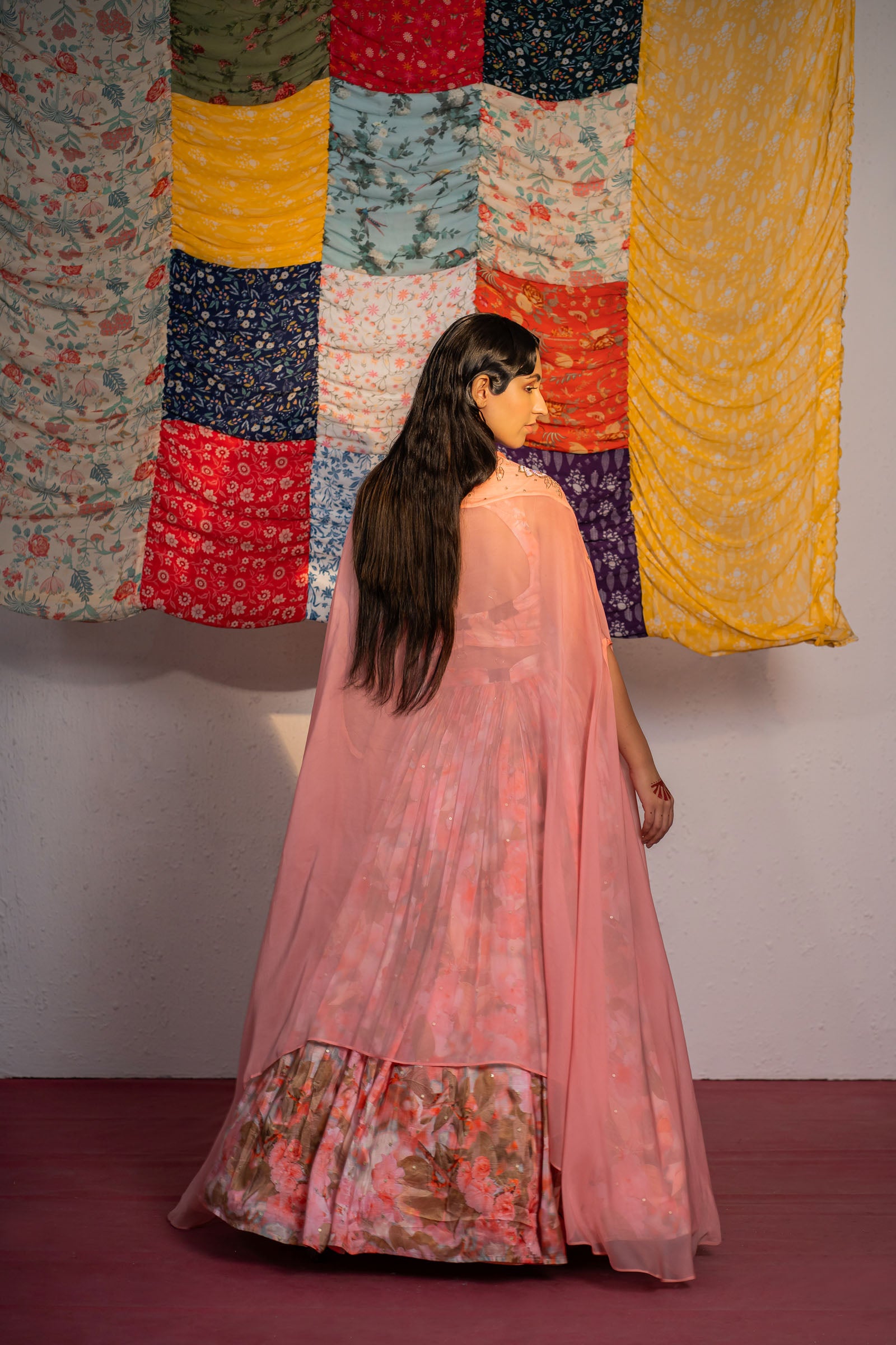 Coral Pink Embroidered And Printed Lehenga Set image 2