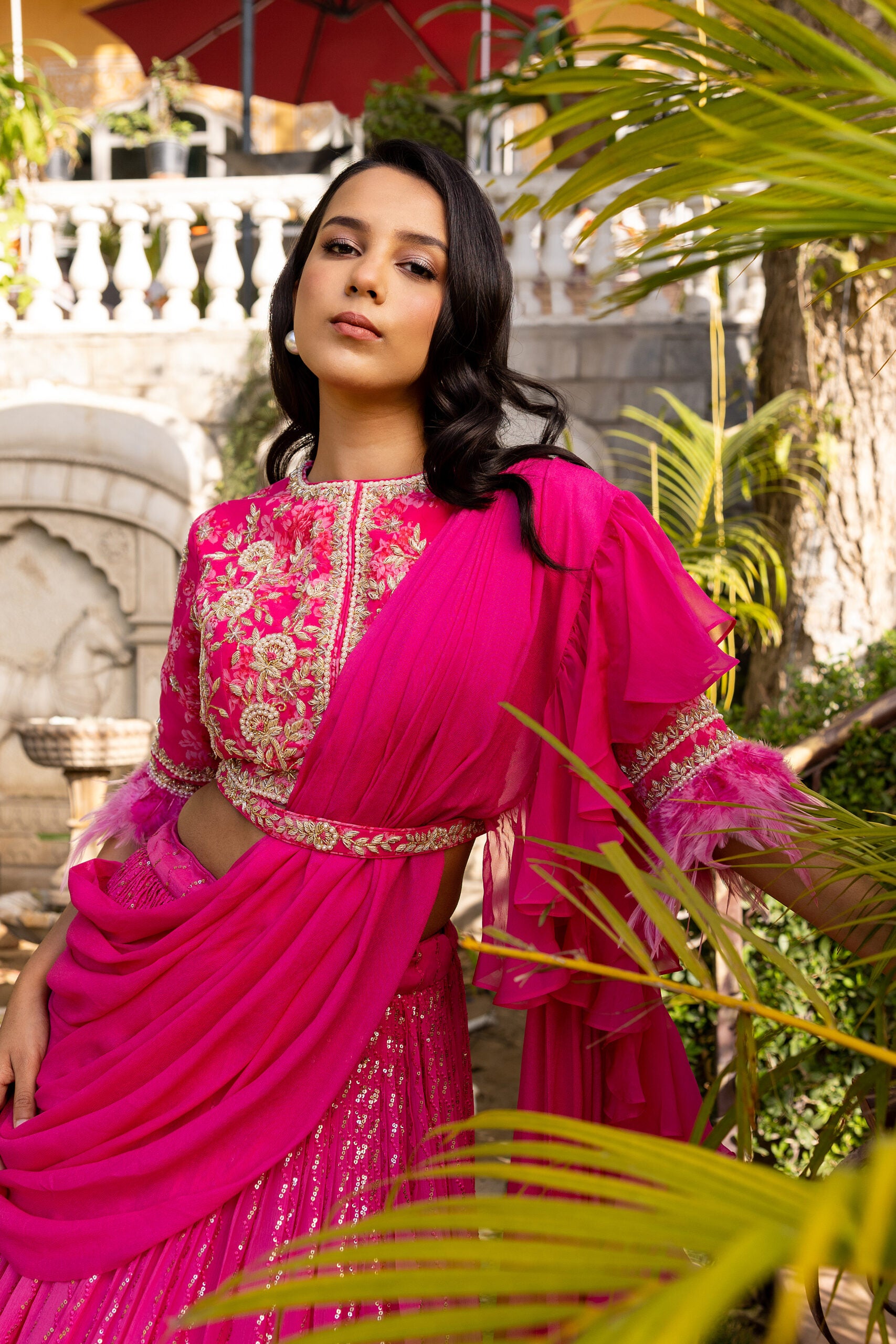 Pink Flair Sleeve Georgette Embroidered Lehenga Set image 7
