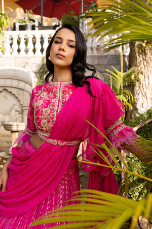 Pink Flair Sleeve Georgette Embroidered Lehenga Set image 7