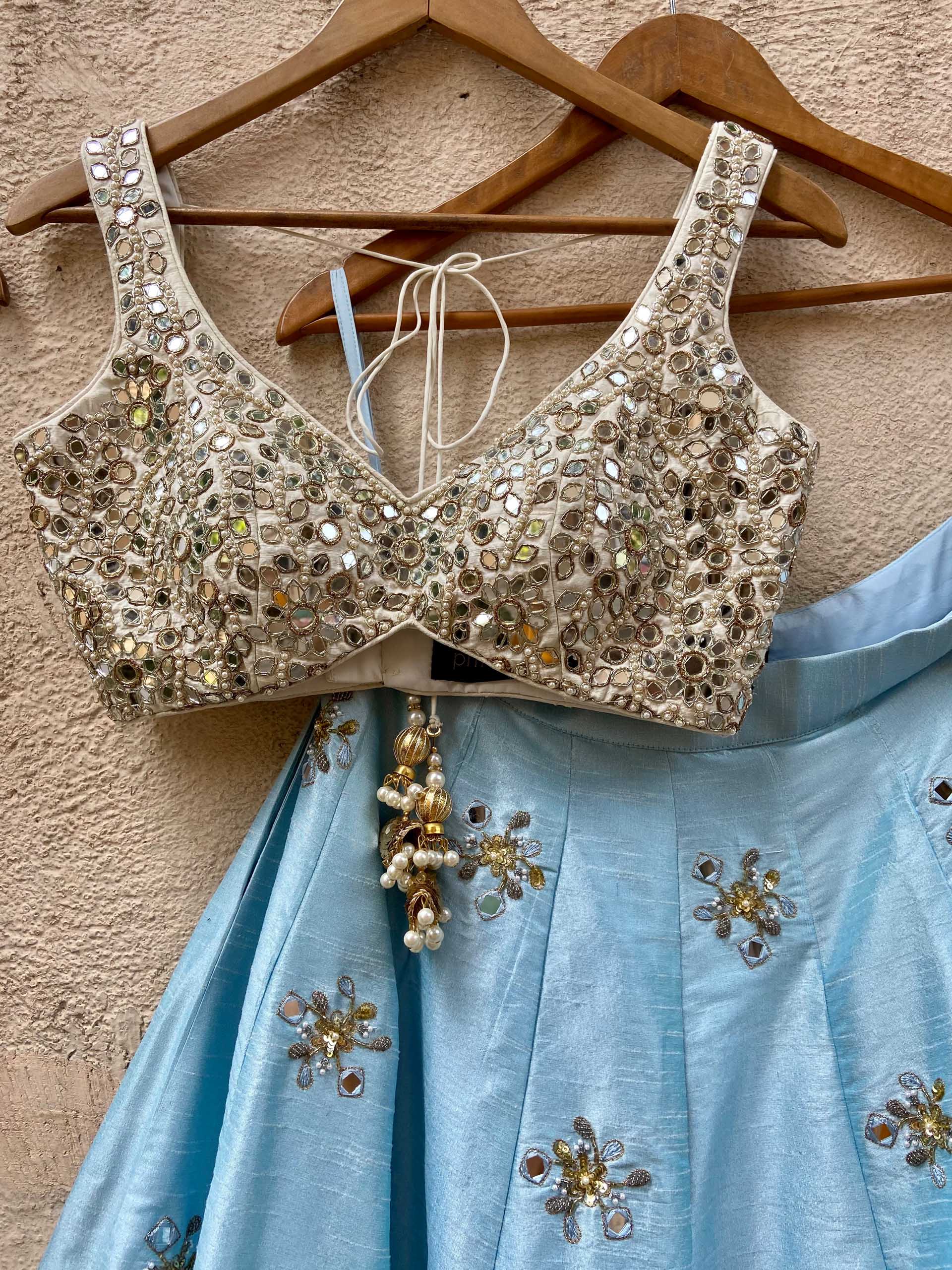 Aqua Blue and Ivory Mirror Ruffle Lehenga Set image 1