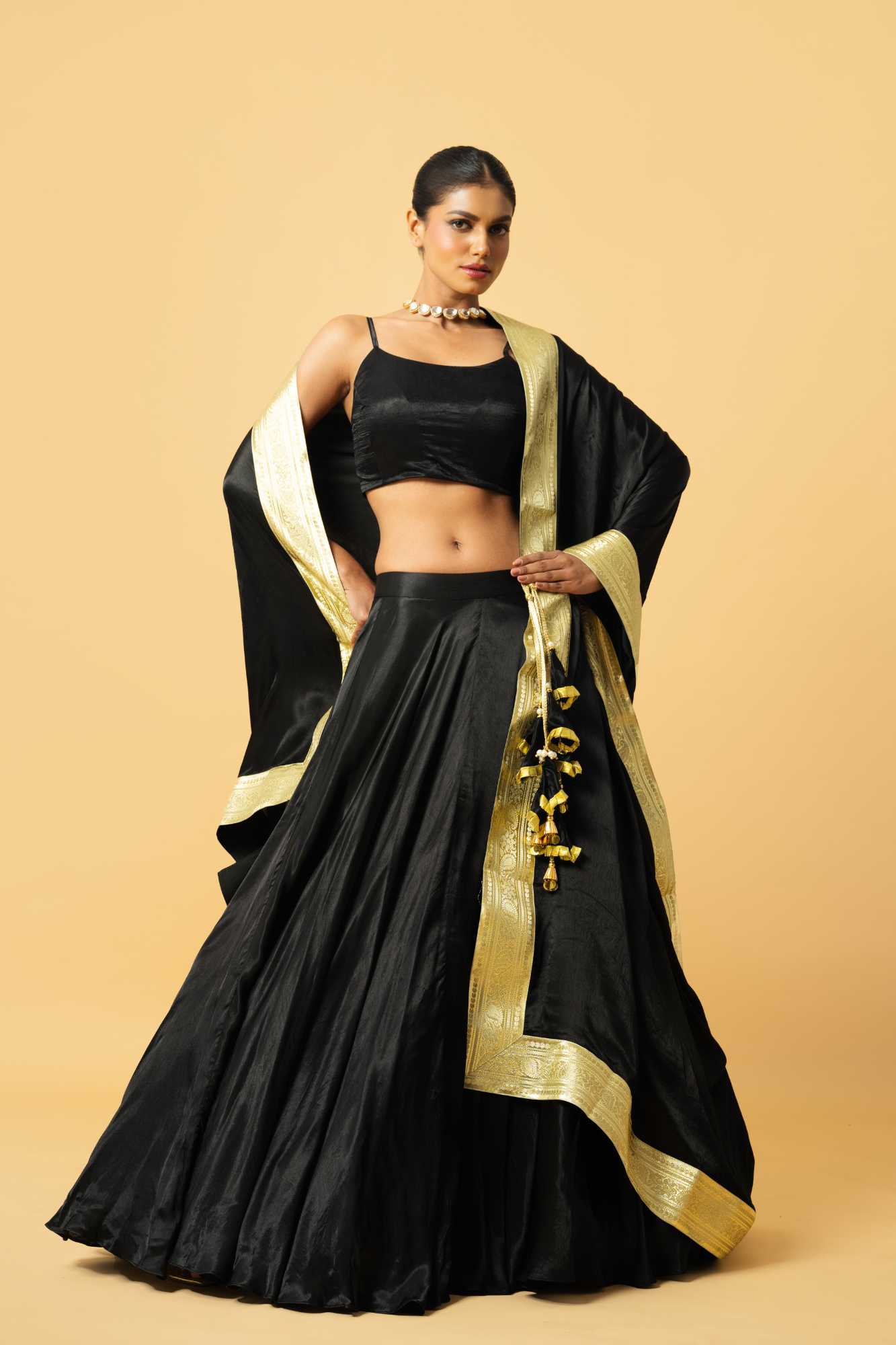 Black Modal Satin Lehenga - XL image