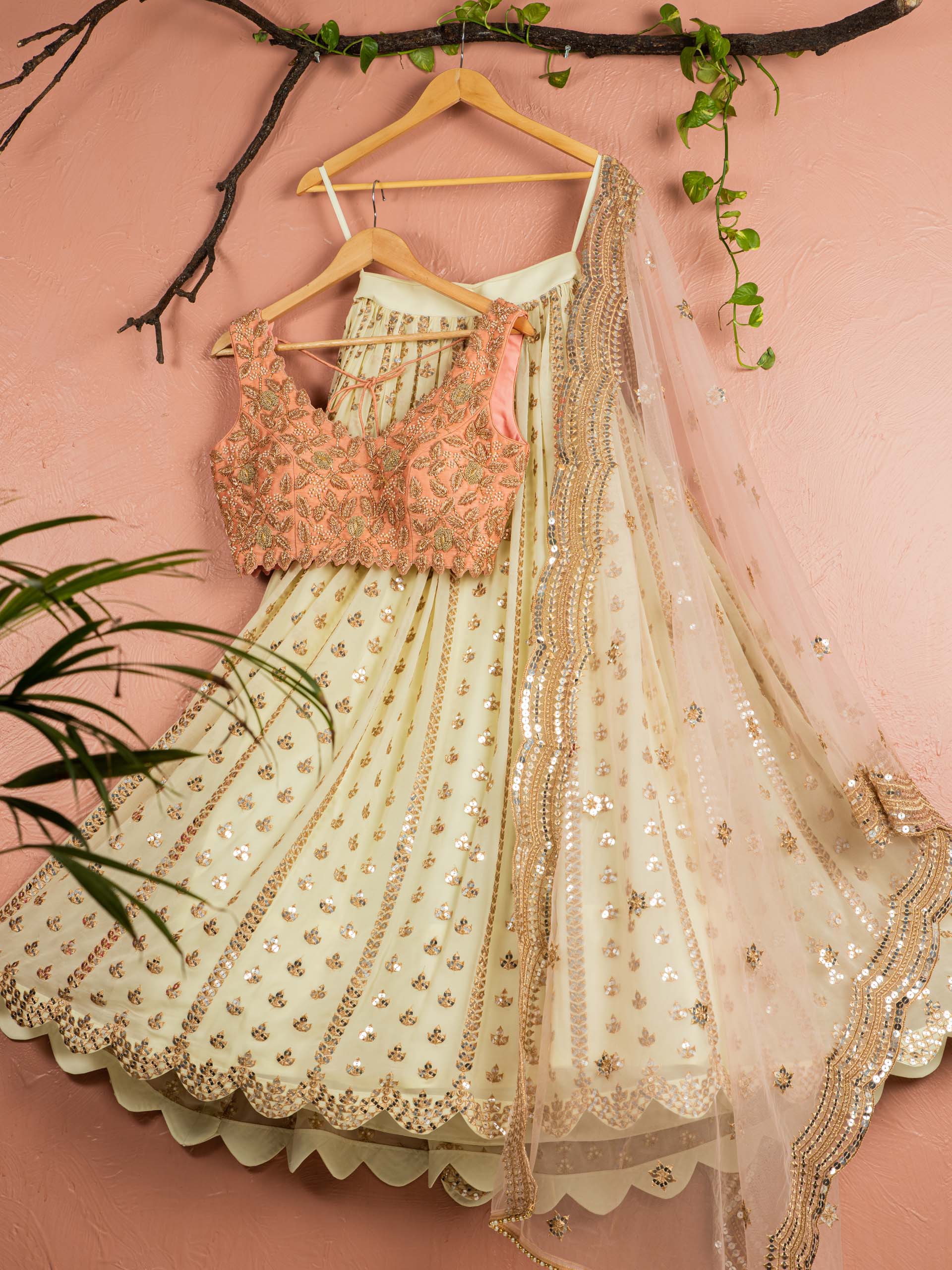 Banana Butti Scallop Lehenga Set with Peach Blouse - S image
