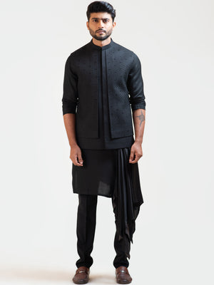 Black Double Panel Nehru Kurta Set - XL image
