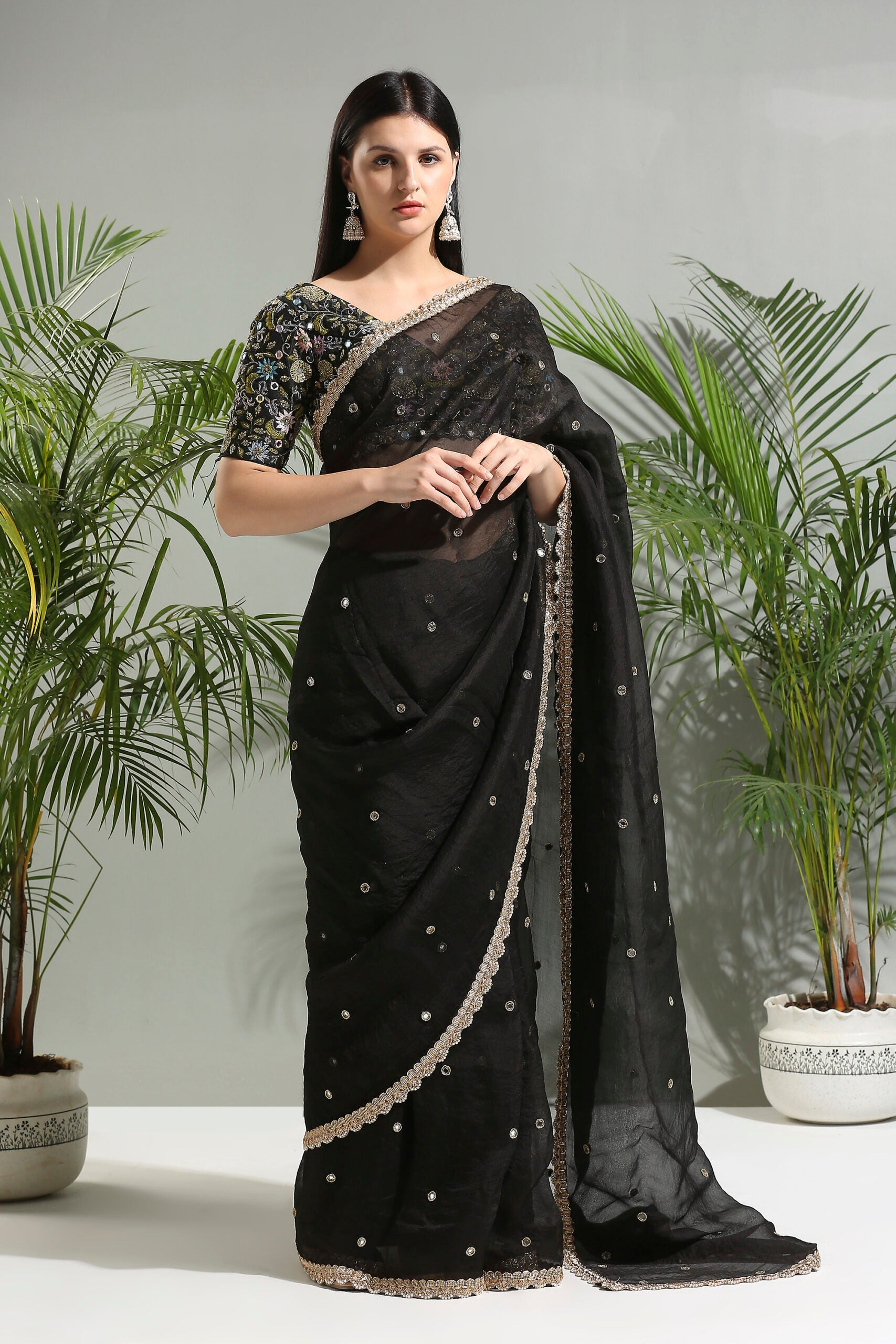Black Organza Saree With Embroidered Blouse - M image