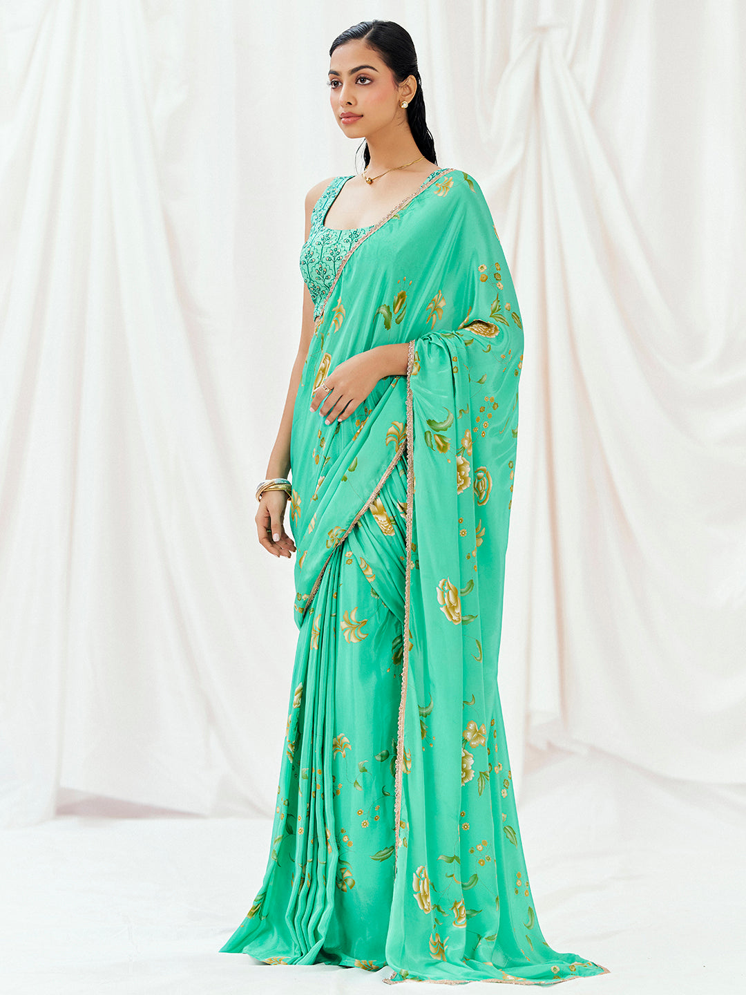 Turquoise Printed Embroidered Drape Saree Set image 2