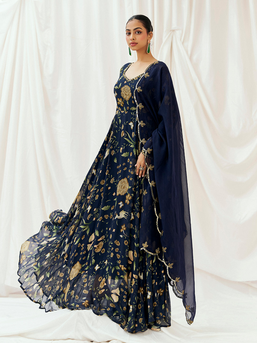 Navy Blue Printed Embroidered Anarkali Set with Dupatta image 2