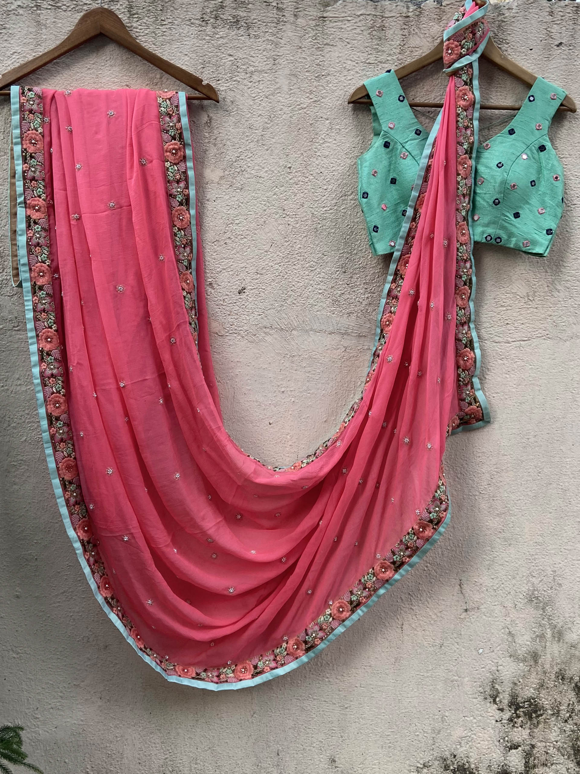 Pink and Mint Floral Saree Set image 2