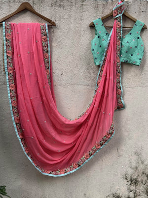 Pink and Mint Floral Saree Set image 2