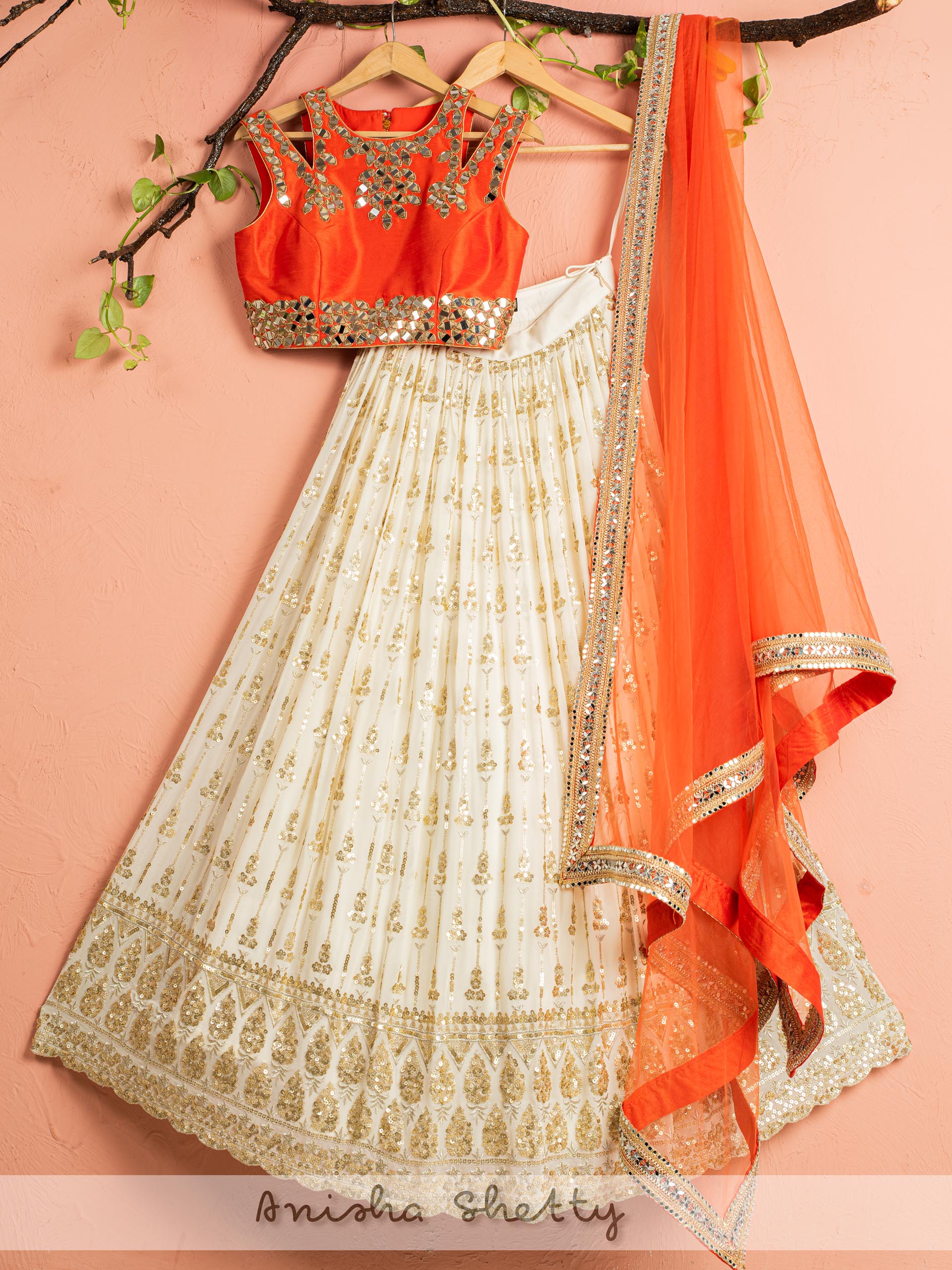 Ivory and Orange Mirror Lehenga Set - S image