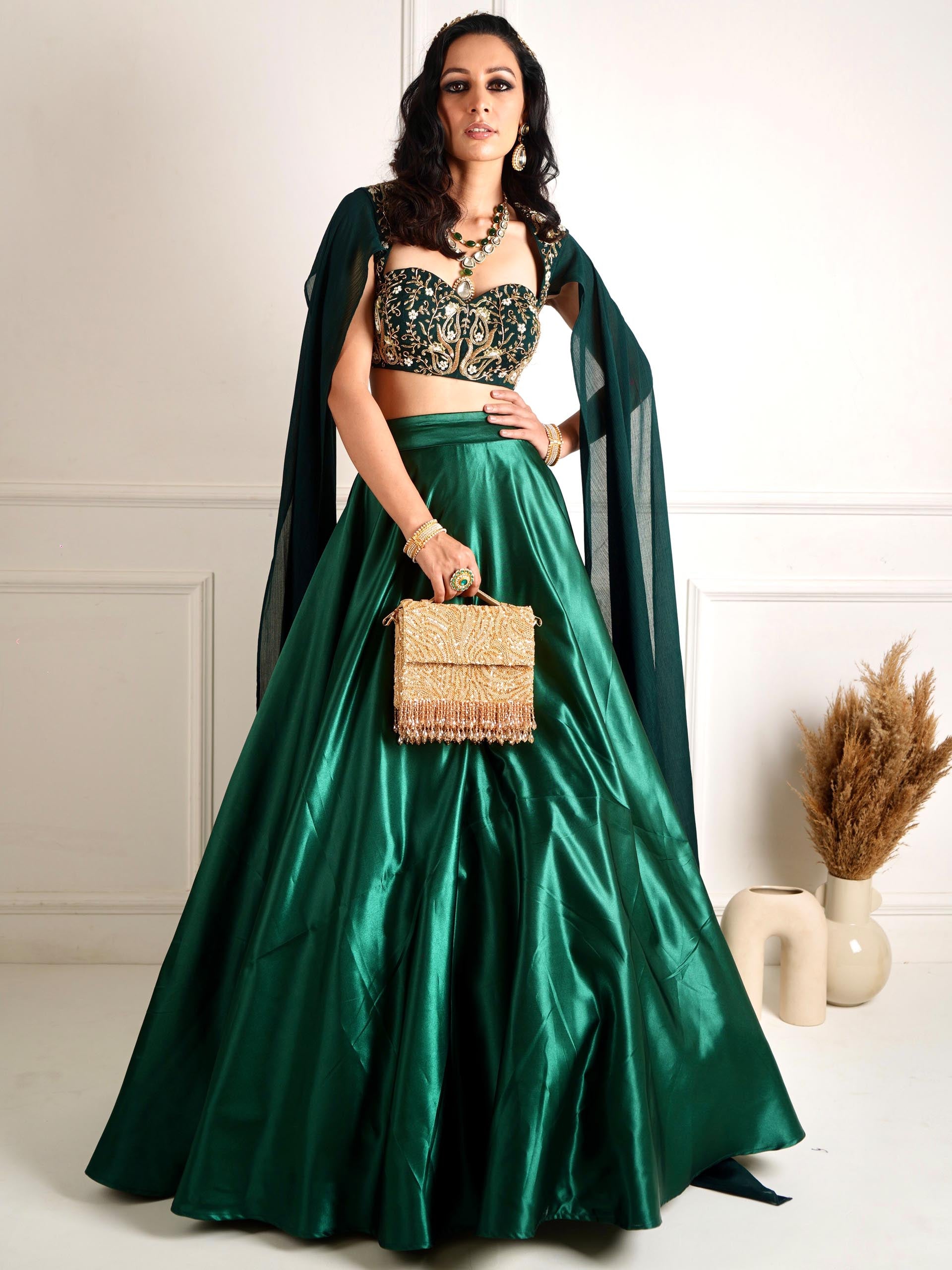 Green Meera Drape Lehenga Set image 0