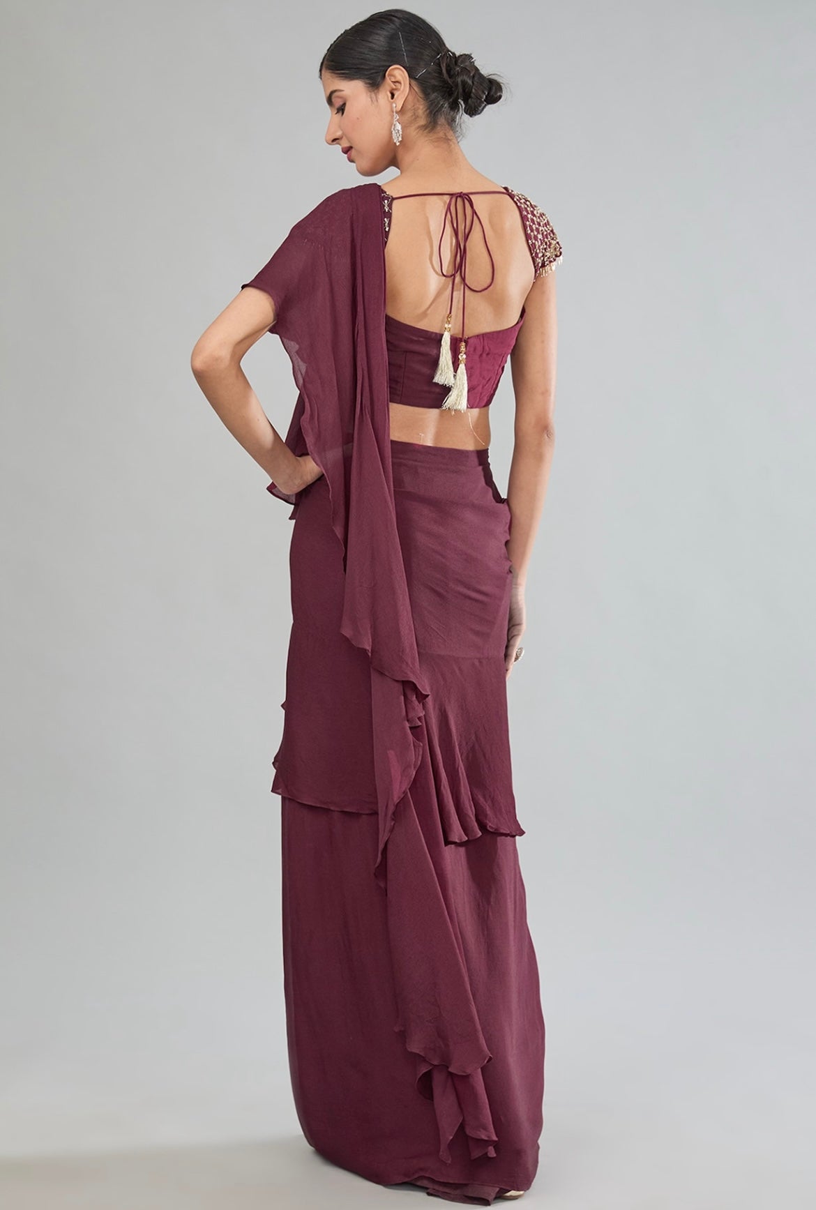 Wine Pre-Drape Saree image 4