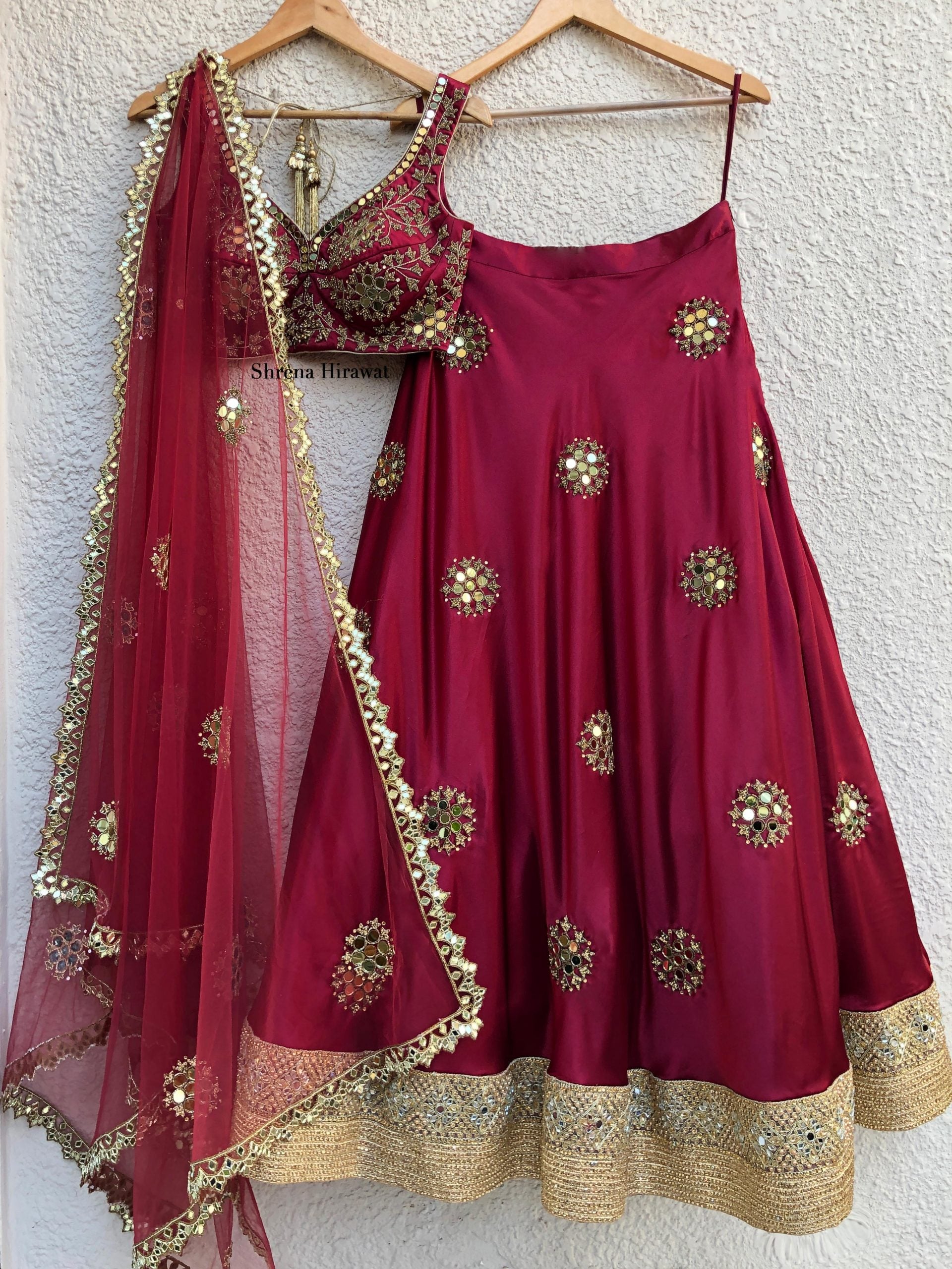 Crimson Mirror Work Lehenga - L image