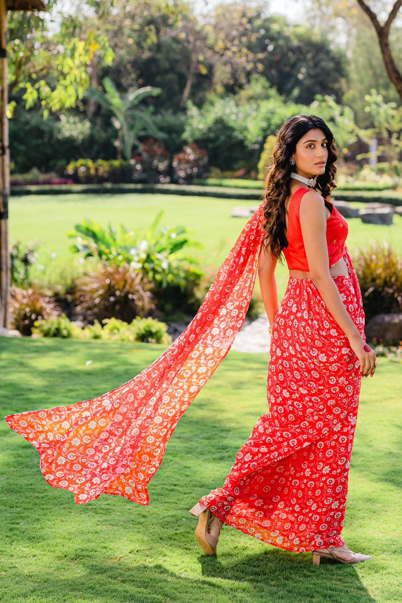 Cherry Red Floral Printed Pre-Stitched Saree Set image 3