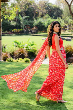 Cherry Red Floral Printed Pre-Stitched Saree Set image 3