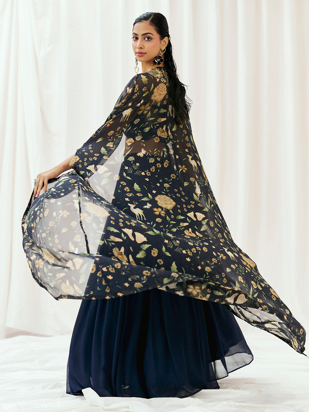 Navy Blue Printed Embroidered Lehenga Set with Cape image 1