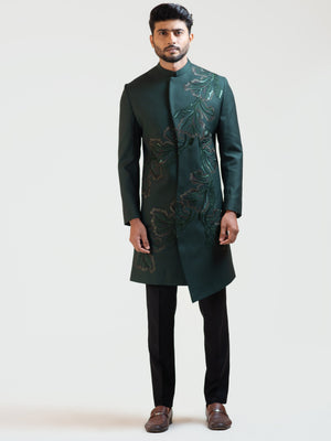 Green Asymmetric Achkan Coat Set - S image