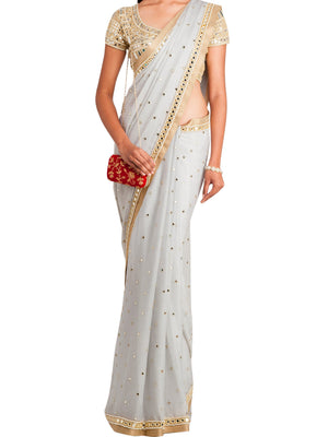 Shimmer Gray Mirror Work Saree with Blouse - M image
