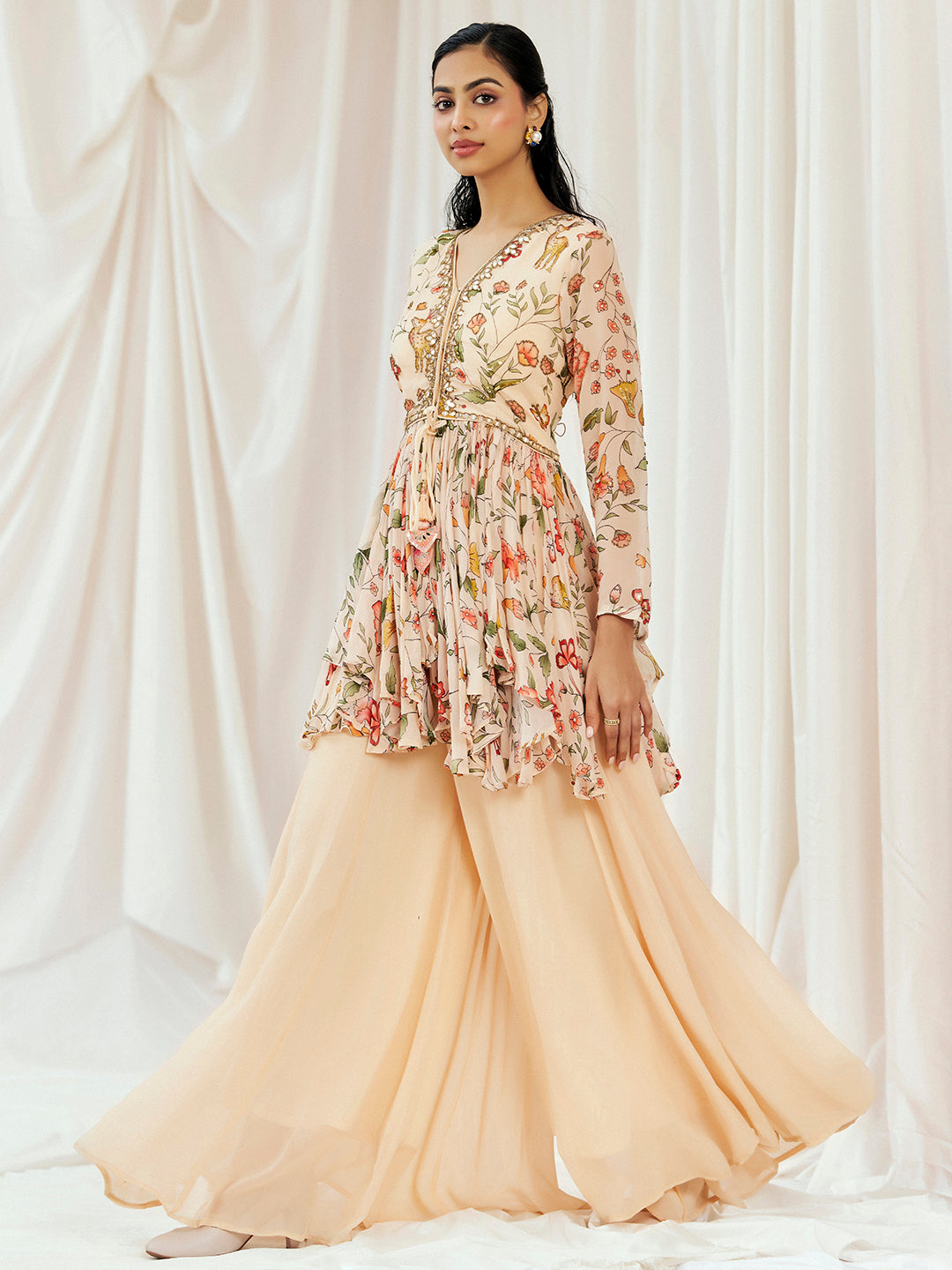 Floral White Printed Embroidered Peplum Sharara Set image 0