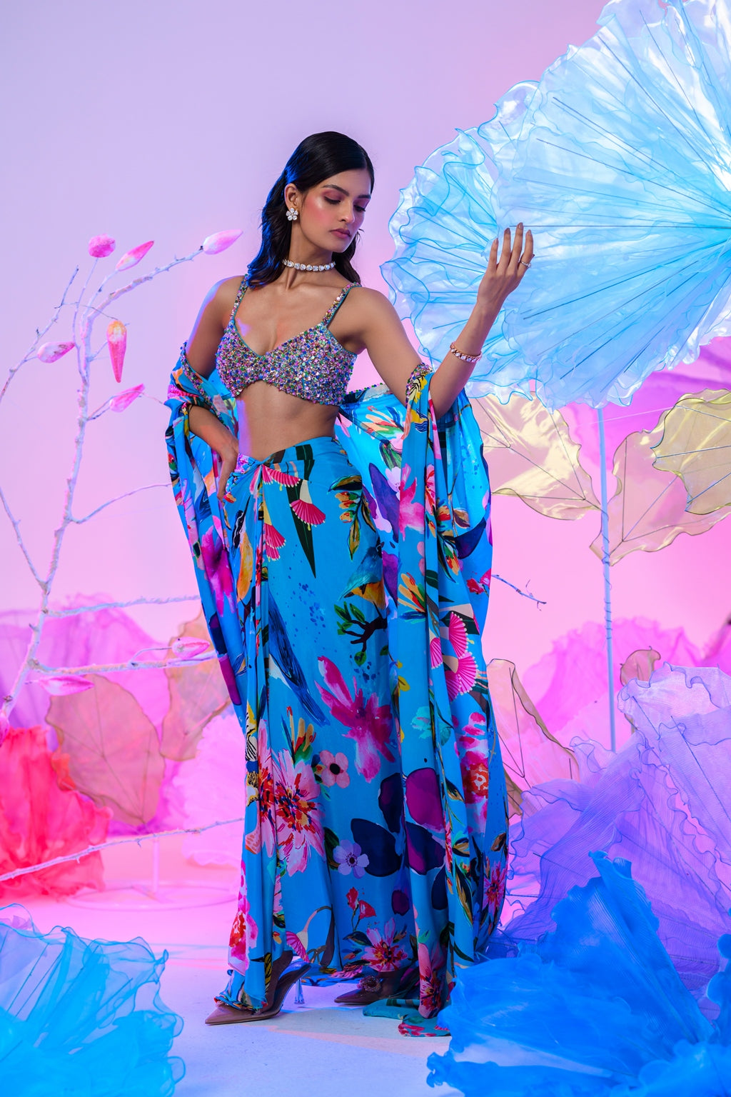Our Aqua Dhoti Skirt Set With Embroidered Bralette image 3