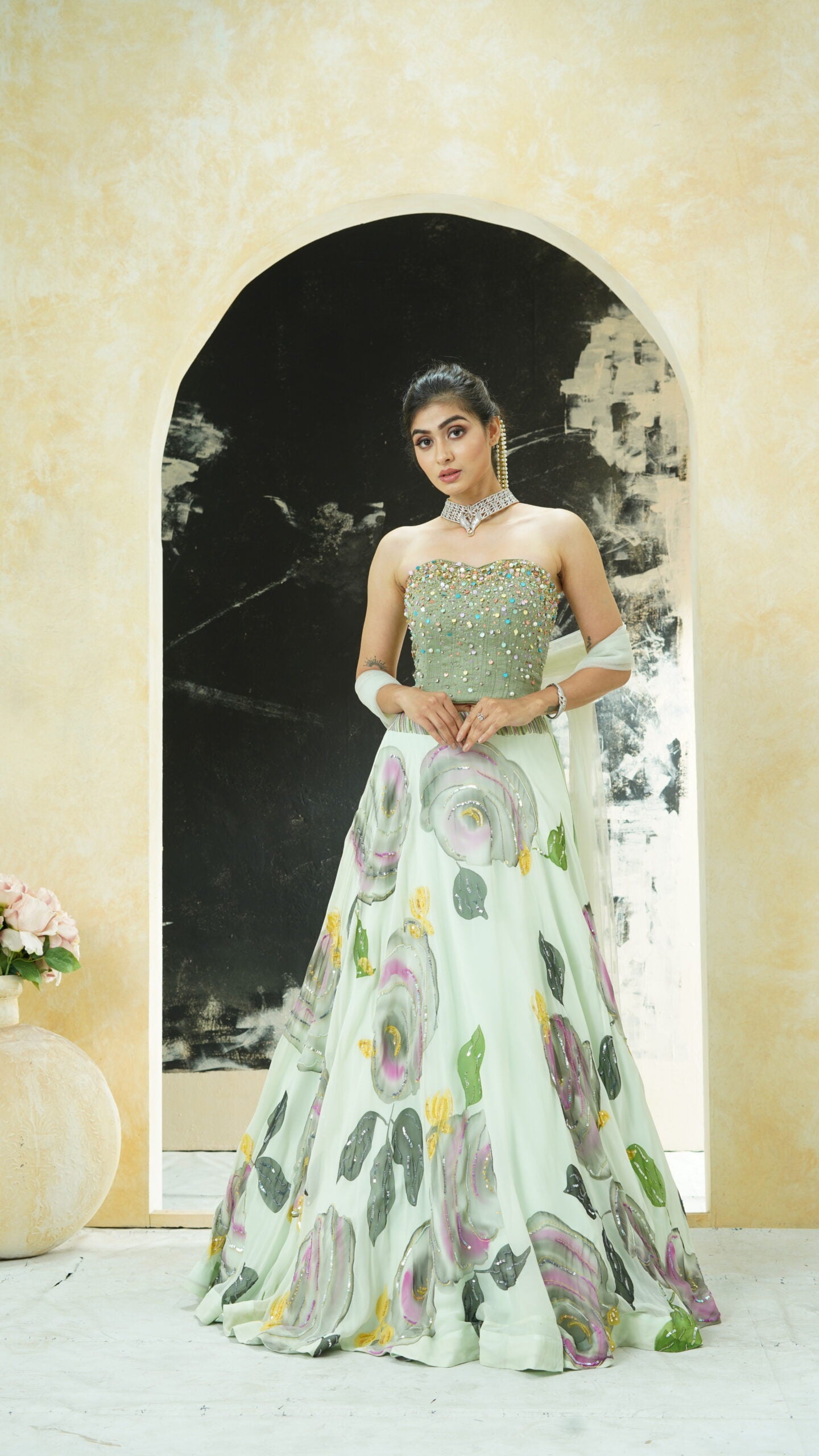 Mint Green hand painted lehenga and Green corset set image 0