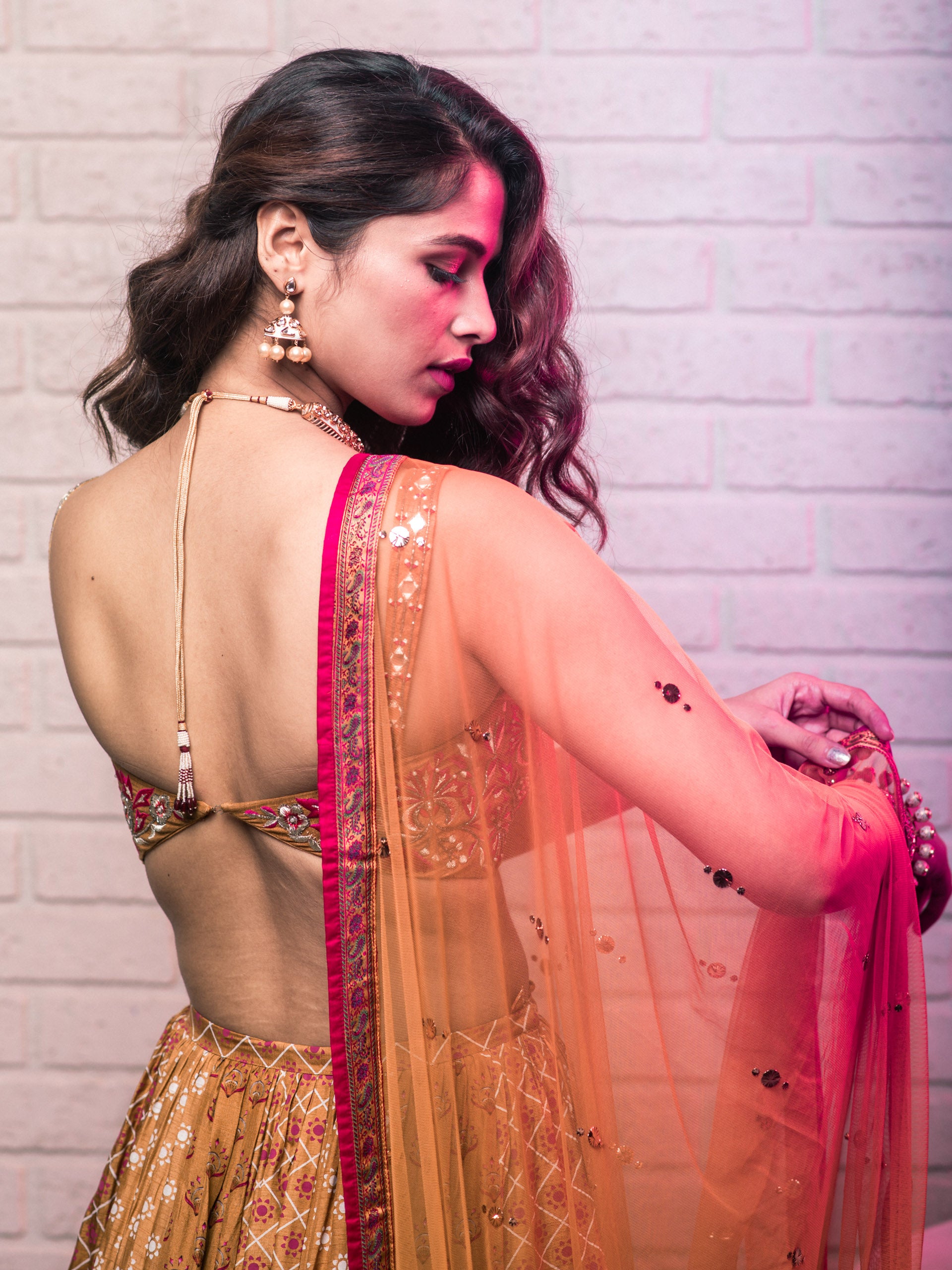 Mustard Motif Print Lehenga Set image 3