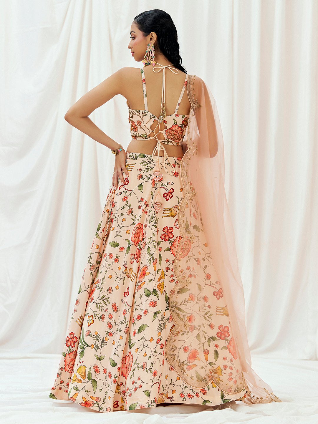 Floral White Printed Embroidered Lehenga Set with Dupatta image 1