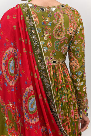 Olive Green Highlighted Anarkali Paired with Dual Print Dupatta image 1