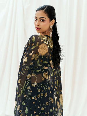 Navy Blue Printed Embroidered Drape Skirt Set with Cape image 8