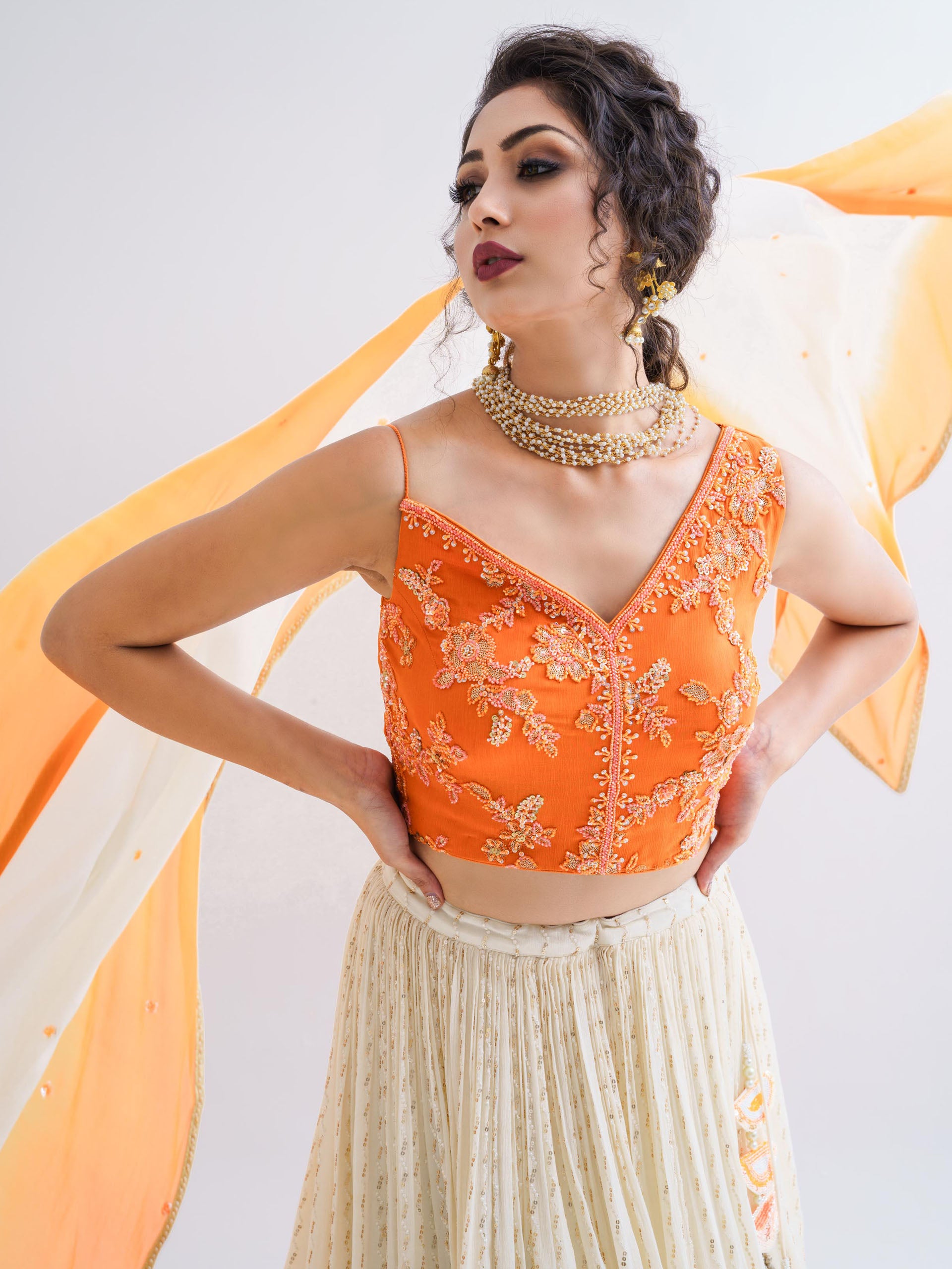 Off-White Orange Ombre Lehenga Set image 4