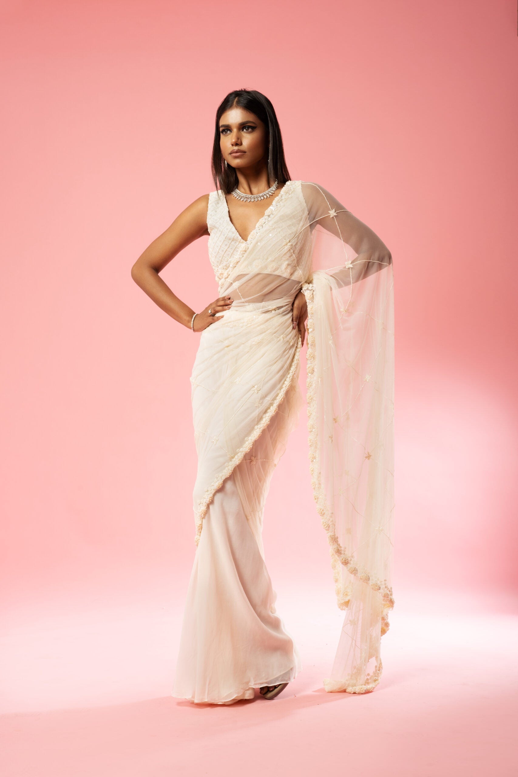 Ivory Georgette Embroidered Saree - M image