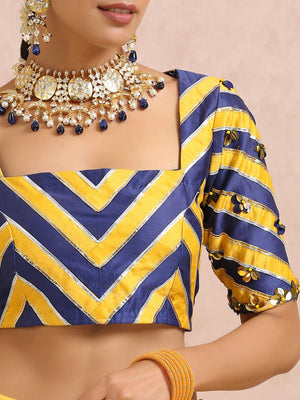 Yellow and Ink Blue Color Block Lehenga Set image 6