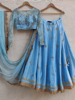 Powder Blue Mirror and Thread Embroidered Lehenga Set - L image