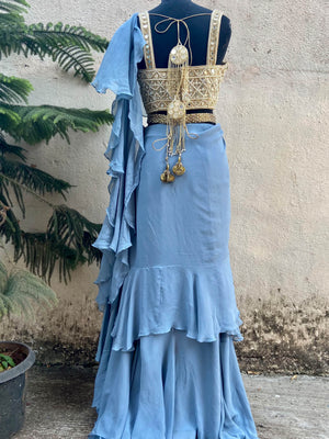 Blue Ruffle Saree image 1
