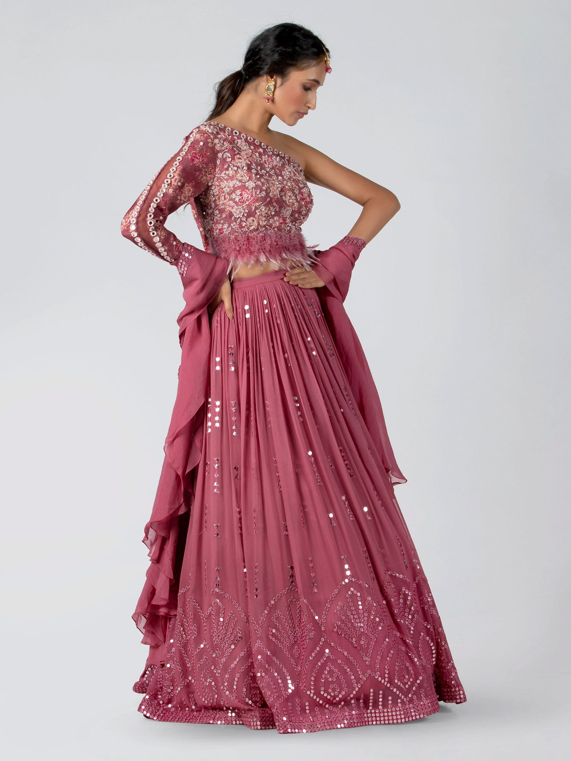 Mauve One Shoulder Lehenga Set image 3