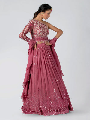 Mauve One Shoulder Lehenga Set image 3