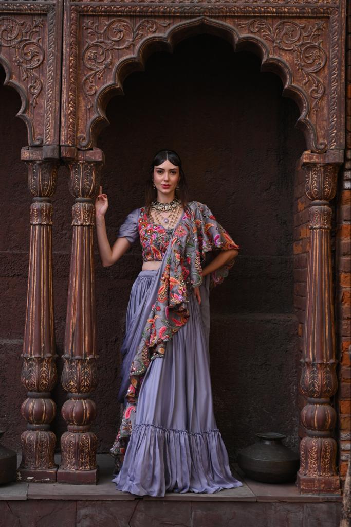Gray Drape Lehenga Set image 0
