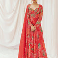 Red Printed Embroidered Anarkali Set with Dupatta image 0